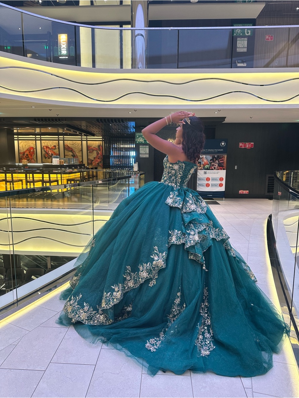 Elegant Teal Ball Gown Dress with gold Embroidery 15 Añera or sweet 16 dress